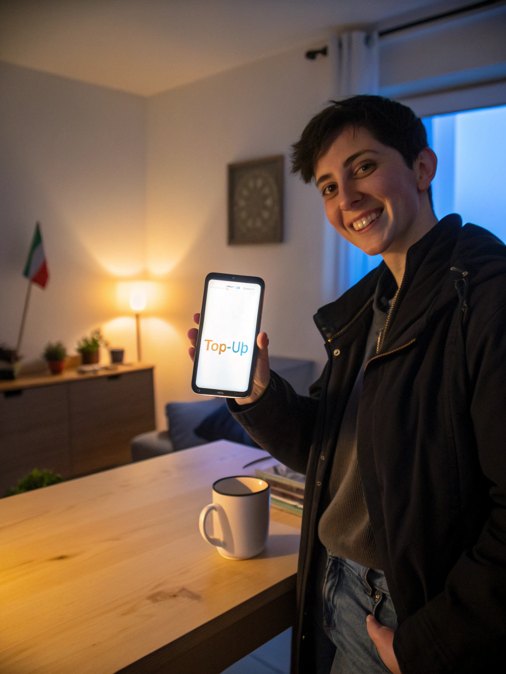 Persona sorridente con telefono